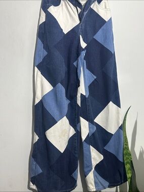 SHEIN Blue & White Patchwork Wide Leg Jeans